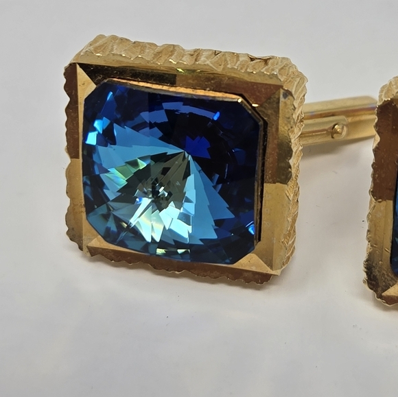 VINTAGE 1960S GOLD TONE BLUE RIVOLI CUFFLINKS MENSWEAR CLASSIC 1" SQUARE MCM - Picture 2 of 11